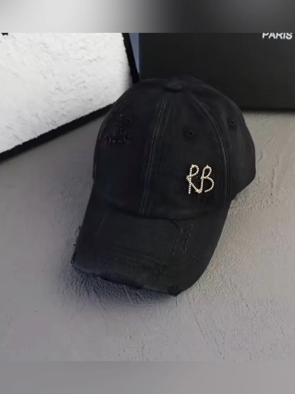 New Arrivals! Black Distressed Baseball Cap with Gold RB Logo
